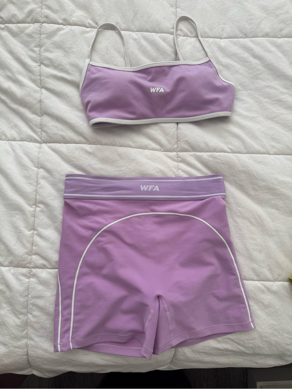 White Fox Boutique Lilac Two-Piece workout set with White Trim